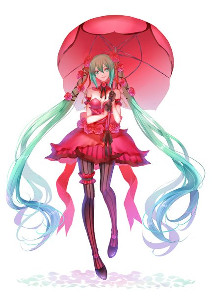 Anime picture 590x827 with vocaloid hatsune miku mitsuki hana tall image looking at viewer fringe simple background smile white background twintails holding cleavage very long hair multicolored hair hair flower aqua eyes lips aqua hair alternate costume sleeveless