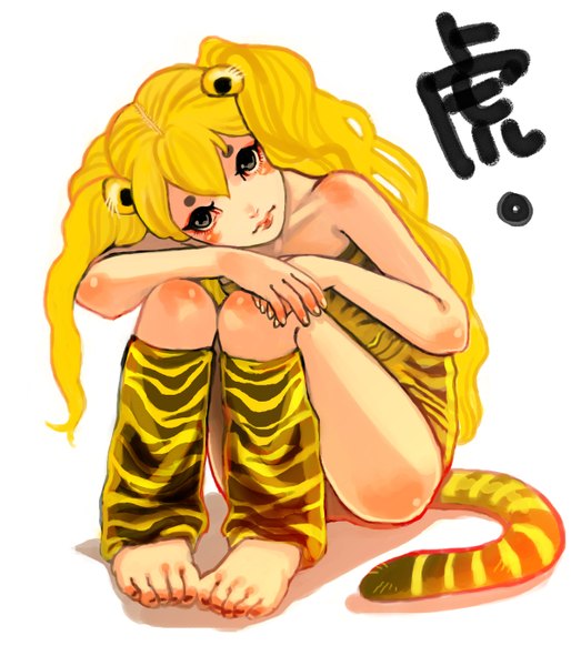 Anime picture 2400x2800 with kayei nou single long hair tall image highres blonde hair white background sitting animal ears tail animal tail grey eyes hieroglyph new year girl tiger