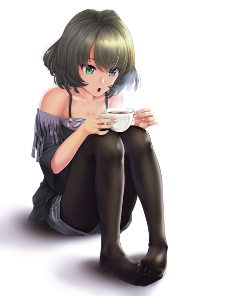 Anime picture 1300x1657 with idolmaster idolmaster cinderella girls takagaki kaede infinote single tall image short hair open mouth simple background brown hair white background legs heterochromia girl pantyhose black pantyhose cup