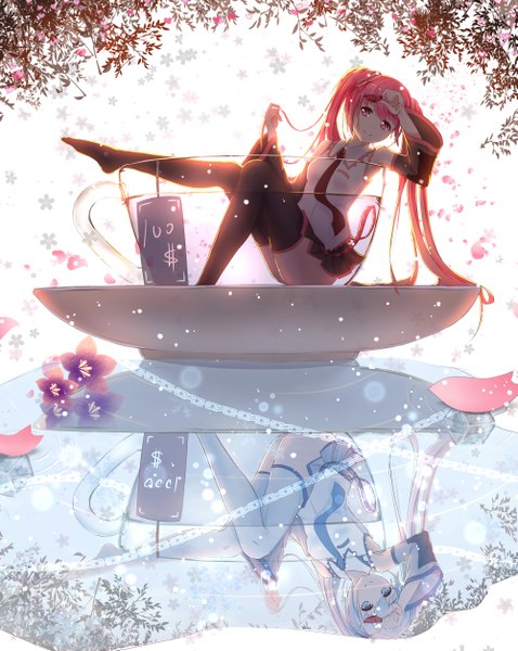 Anime picture 999x1255 with vocaloid hatsune miku yuki miku sakura miku byakuya reki tall image blue eyes twintails multiple girls blue hair pink hair very long hair pink eyes legs snowing different reflection girl thighhighs flower (flowers) black thighhighs