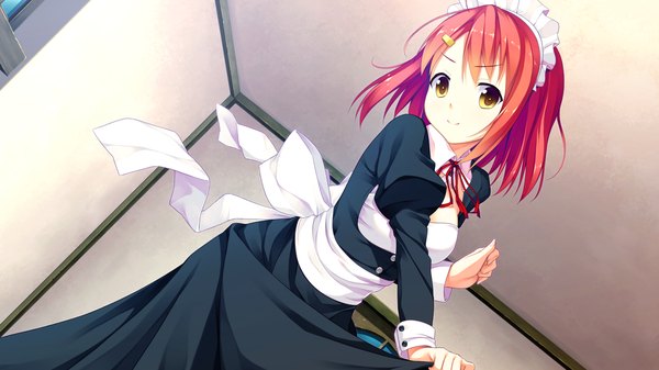 Anime picture 1280x720 with ichiban janakya dame desu ka? (game) single looking at viewer short hair smile wide image yellow eyes game cg red hair maid girl dress headdress maid headdress