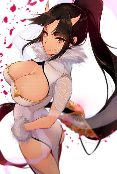 Anime picture 1378x2039 with pochi (pochi-goya) single tall image looking at viewer fringe breasts light erotic simple background brown hair large breasts standing white background cleavage ponytail very long hair looking back horn (horns) from above light smile short sleeves