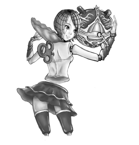 Anime picture 2087x2175 with league of legends orianna (league of legends) single tall image highres short hair light smile back monochrome mechanical ballet girl dress weapon ball key prosthesis