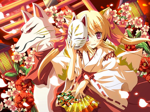 Anime picture 1024x768 with original kawai kei long hair blonde hair red eyes twintails animal ears tail japanese clothes animal tail wallpaper fox ears fox tail fox girl miko multiple tails girl flower (flowers) bow hair bow
