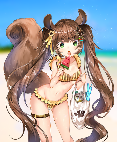 Anime picture 1243x1500 with original usagihime single tall image looking at viewer open mouth light erotic brown hair standing twintails holding green eyes animal ears payot tail very long hair animal tail blurry leaning leaning forward