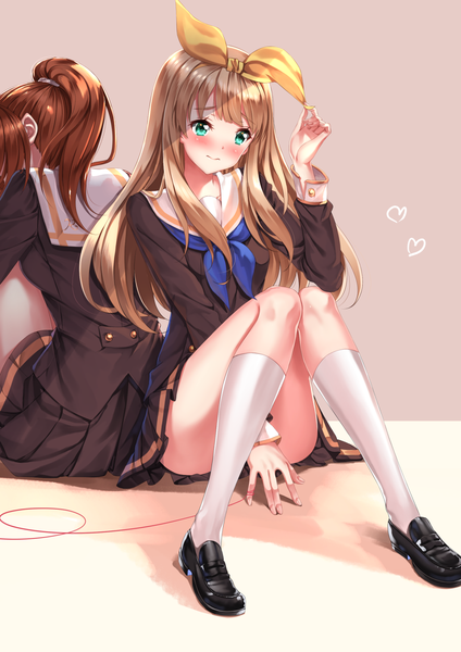 Anime picture 1102x1560 with hibike! euphonium kyoto animation nakagawa natsuki yoshikawa yuuko swordsouls long hair tall image blush blue eyes light erotic blonde hair brown hair sitting multiple girls knees together feet apart girl skirt uniform bow 2 girls