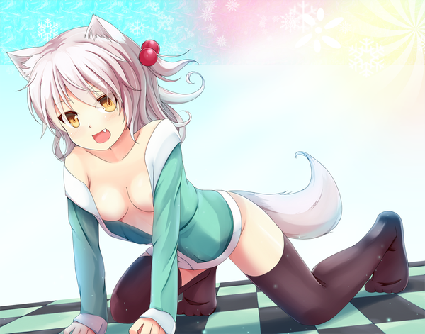 Anime picture 1271x999 with original niiya single blush short hair breasts open mouth light erotic animal ears yellow eyes white hair animal tail checkered floor girl thighhighs black thighhighs