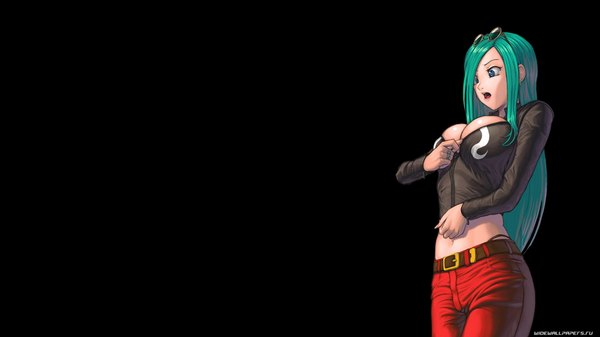 Anime picture 1920x1080 with street fighter street fighter 3 capcom remy (street fighter) nekkeau single long hair highres breasts light erotic simple background wide image large breasts green eyes green hair midriff black background third-party edit sunglasses on head genderswap