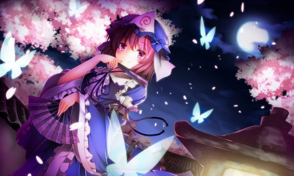 Anime picture 2400x1440 with touhou saigyouji yuyuko minamina single looking at viewer blush highres short hair wide image pink hair pink eyes night girl dress insect butterfly moon bonnet fan