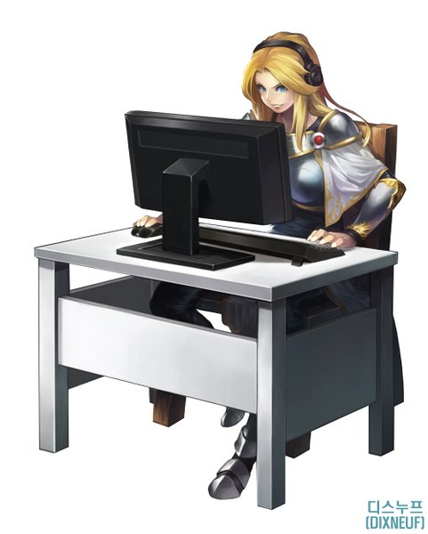 Anime picture 1000x1248 with league of legends lux (league of legends) eirashard single long hair tall image blue eyes blonde hair simple background smile white background girl headphones armor table monitor computer keyboard
