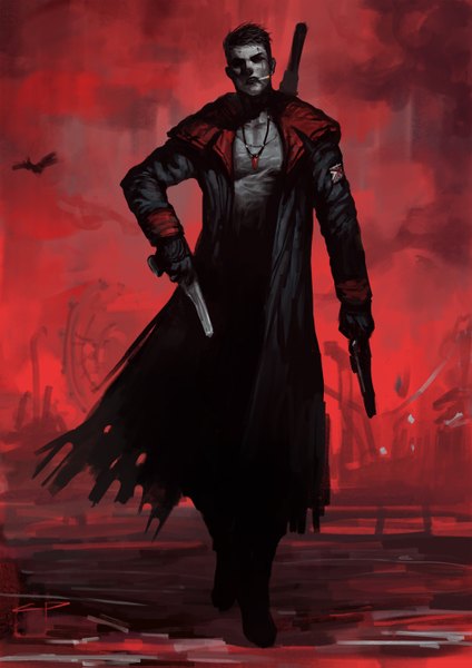 Anime picture 1000x1415 with devil may cry dante (devil may cry) diaodiao single tall image short hair black hair simple background holding teeth torn clothes red background walking dual wielding smoking boy weapon animal bird (birds) gun
