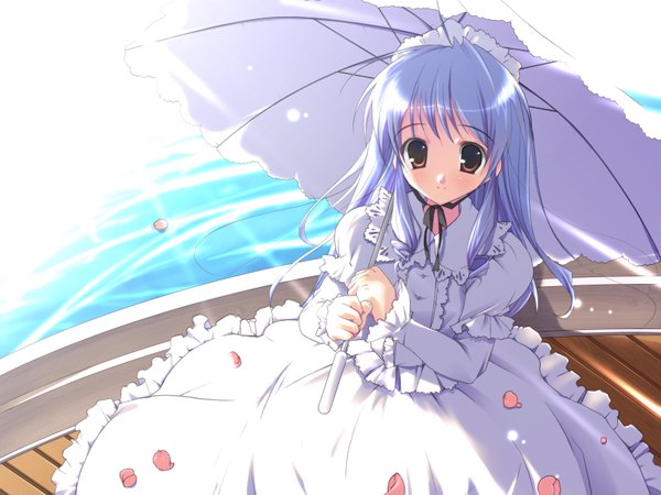 Anime picture 1600x1200 with sister princess zexcs aria (sister princess) mikeou long hair blue hair goth-loli gothic petals water umbrella watercraft boat