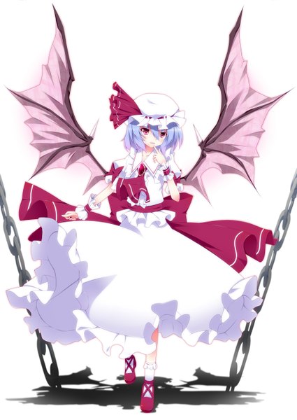 Anime picture 1001x1414 with touhou remilia scarlet kurono yuzuko single tall image looking at viewer blush short hair simple background white background blue hair parted lips pink eyes shadow finger to mouth bat wings girl skirt wings chain