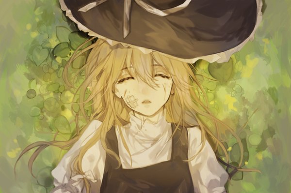 Anime picture 800x533 with touhou kirisame marisa ara sakai ts single long hair fringe lying parted lips from above lips on back puffy sleeves sleeping girl bow plant (plants) hair bow hat witch hat