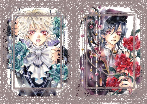 Anime picture 1208x859 with original hina long hair short hair open mouth black hair blonde hair red eyes nail polish multiple boys teeth fang (fangs) vampire animal eyes boy flower (flowers) hat earrings rose (roses) blood