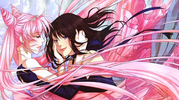 Anime picture 1069x600 with bishoujo senshi sailor moon toei animation princess usagi small lady princess saturn eflunn (emilylunn) long hair black hair smile red eyes wide image purple eyes twintails multiple girls pink hair cloud (clouds) very long hair wind couple hug shoujo ai