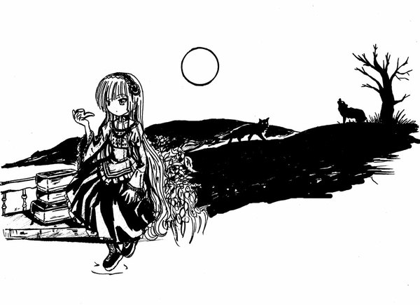 Anime picture 1024x744 with gosick studio bones victorique de blois arkamui single fringe simple background white background very long hair black eyes monochrome bare tree girl dress flower (flowers) animal headdress book (books) moon full moon