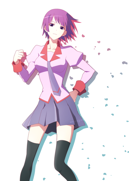 Anime picture 1000x1407 with owarimonogatari shaft (studio) monogatari (series) senjougahara hitagi mari (marimaripink) single tall image looking at viewer fringe short hair simple background white background purple eyes purple hair wind zettai ryouiki hand on hip girl thighhighs uniform