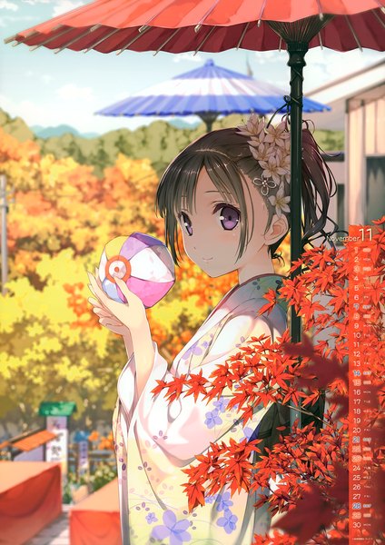 Anime picture 4937x6993 with original kantoku single tall image highres short hair black hair purple eyes looking away absurdres ponytail traditional clothes japanese clothes hair flower scan calendar 2015 girl flower (flowers) kimono leaf (leaves)