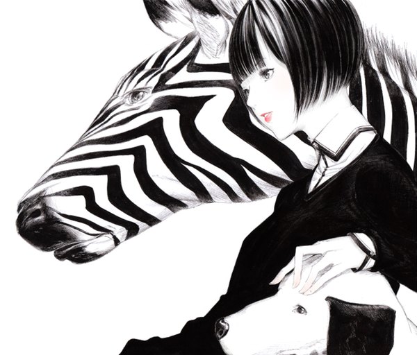 Anime picture 1400x1196 with original sousou (sousouworks) single short hair blue eyes black hair simple background white background animal ears looking away long sleeves lips black eyes monochrome spot color girl dog zebra