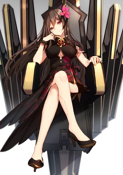 Anime picture 800x1131 with idollers bison cangshu single long hair tall image looking at viewer blush fringe breasts simple background smile hair between eyes red eyes brown hair sitting hair flower high heels crossed legs gradient background cleavage cutout