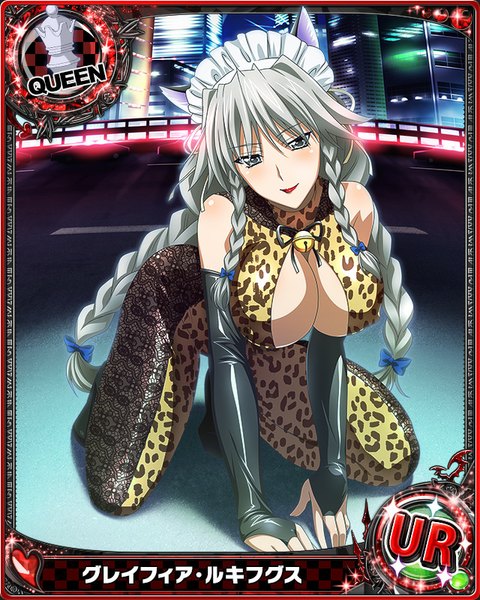 Anime picture 640x800 with highschool dxd grayfia lucifuge single long hair tall image looking at viewer blush breasts light erotic large breasts cleavage braid (braids) grey hair grey eyes card (medium) girl bow hair bow headdress maid headdress