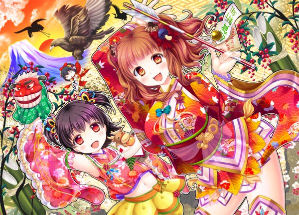 Anime picture 1280x920 with idolmaster idolmaster cinderella girls moroboshi kirari akagi miria takafuji kako matsunami rumi long hair blush short hair open mouth black hair red eyes multiple girls cloud (clouds) traditional clothes orange hair orange eyes mountain girl hair ornament