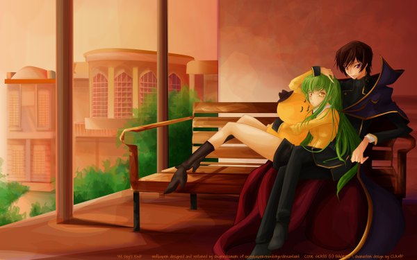 Anime picture 2560x1600 with code geass sunrise (studio) c.c. lelouch lamperouge cheese-kun long hair looking at viewer fringe highres short hair brown hair wide image sitting purple eyes yellow eyes green hair legs couple hand on head girl