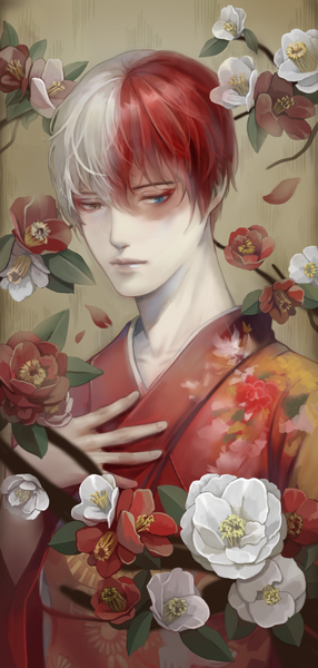 Anime picture 433x908 with boku no hero academia studio bones todoroki shouto jungyoon kim single tall image short hair looking away white hair red hair traditional clothes japanese clothes multicolored hair two-tone hair alternate costume hand on chest portrait scar white skin boy