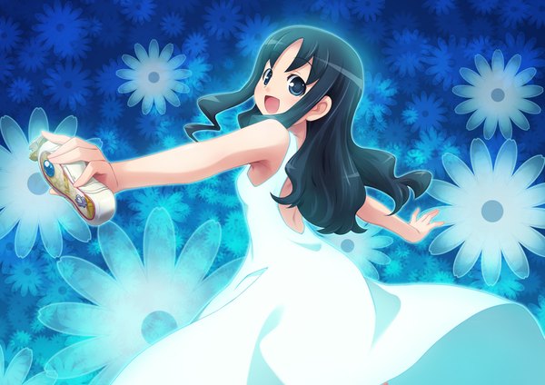 Anime picture 1000x708 with precure heartcatch precure! toei animation kurumi erika sayousuke single long hair open mouth blue eyes black hair bare shoulders floral background girl flower (flowers) sundress