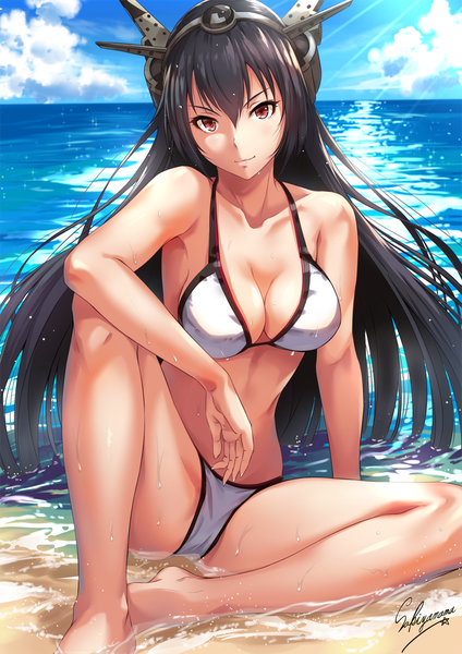 Anime picture 800x1131 with kantai collection nagato battleship sakiyamama single long hair tall image looking at viewer blush fringe breasts light erotic black hair hair between eyes red eyes sitting bare shoulders signed sky cleavage cloud (clouds)