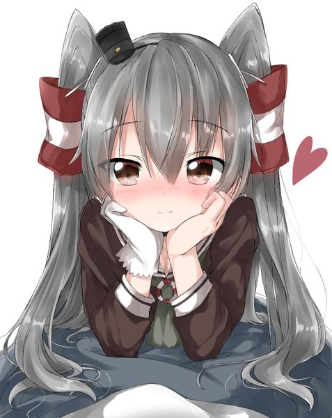 Anime picture 1084x1363 with kantai collection amatsukaze destroyer pentagon (railgun ky1206) single long hair tall image looking at viewer blush fringe simple background smile hair between eyes white background brown eyes payot light smile grey hair arm support two side up chin rest