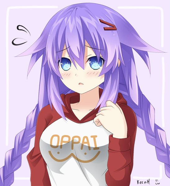 Anime picture 865x950 with choujigen game neptune one-punch man madhouse purple heart saitama (one-punch man) keenh single long hair tall image looking at viewer blush fringe breasts blue eyes simple background hair between eyes signed payot purple hair upper body