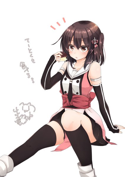 Anime picture 900x1275 with kantai collection sendai light cruiser izumoayuka single long hair tall image blush fringe simple background hair between eyes brown hair white background sitting bare shoulders holding brown eyes payot looking away bent knee (knees) parted lips