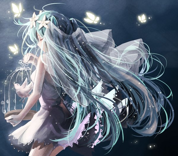 Anime picture 1615x1417 with vocaloid hatsune miku kkkkona single long hair fringe simple background standing twintails bare shoulders blue hair eyes closed hair flower back blue background girl dress hair ornament flower (flowers) animal