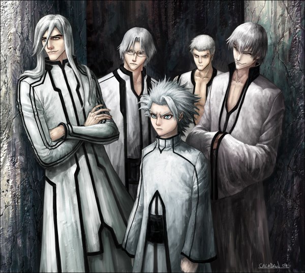 Anime picture 1200x1074 with bleach studio pierrot hitsugaya toushirou ichimaru gin ukitake juushirou muguruma kensei hidetomo kajomaru long hair short hair blue eyes blonde hair smile standing brown eyes silver hair white hair long sleeves multiple boys crossed arms boy