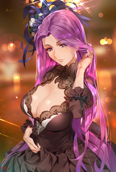 Anime picture 1000x1488 with fate (series) fate/stay night rider yd (orange maru) single long hair tall image looking at viewer breasts light erotic smile signed cleavage purple hair upper body arm up blurry alternate costume huge breasts lens flare