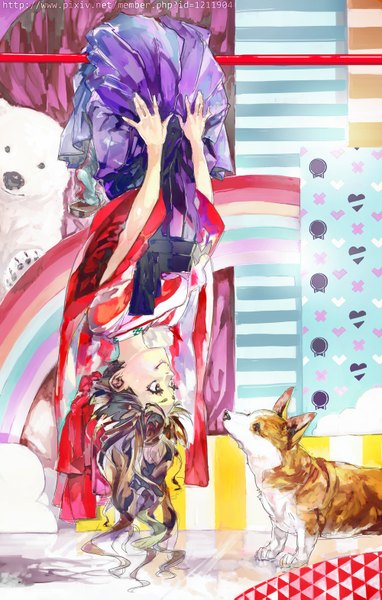 Anime picture 1000x1571 with fashion monster kyary pamyu pamyu kimahri215 long hair tall image smile brown hair brown eyes looking away long sleeves traditional clothes japanese clothes inscription striped upside down traditional media striped background watercolor (medium) welsh corgi girl