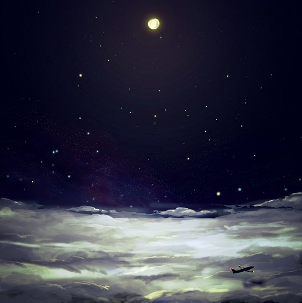 Anime picture 1000x1002 with original nanjou (sumeragimishiro) tall image sky cloud (clouds) night night sky no people milky way moon star (stars) full moon aircraft airplane