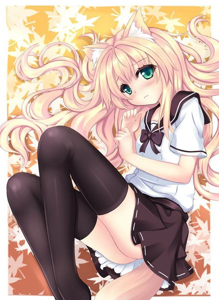 Anime picture 768x1050 with original uyamuya (artist) single long hair tall image looking at viewer blush fringe light erotic green eyes animal ears bent knee (knees) tail lying head tilt animal tail short sleeves fox ears fox tail wavy hair