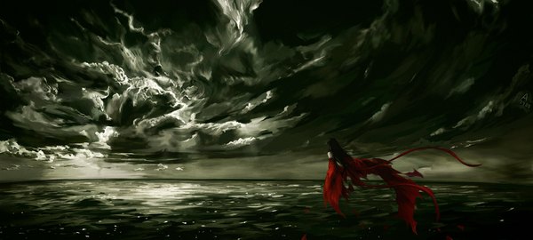 Anime picture 1280x576 with archlich wide image sky cloud (clouds) flying girl ribbon (ribbons) sea