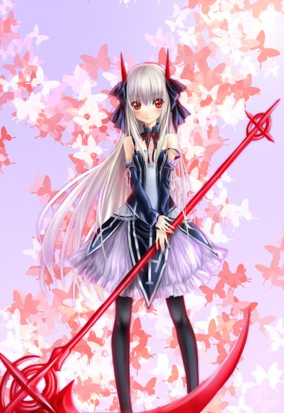 Anime picture 1000x1452 with original hika (cross-angel) single long hair tall image blush red eyes white hair horn (horns) oni horns girl dress weapon detached sleeves insect butterfly scythe