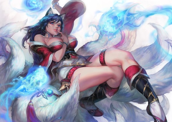 Anime picture 2250x1600 with league of legends ahri (league of legends) aoin single long hair fringe highres breasts blue eyes light erotic black hair simple background smile hair between eyes large breasts white background bare shoulders animal ears blue hair looking away