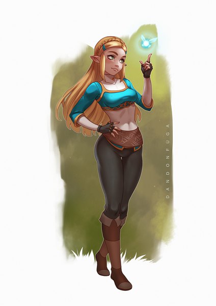 Anime picture 650x919 with the legend of zelda the legend of zelda: breath of the wild nintendo princess zelda dandon fuga single long hair tall image blonde hair green eyes signed payot braid (braids) arm up light smile pointy ears realistic midriff hand on hip thigh gap