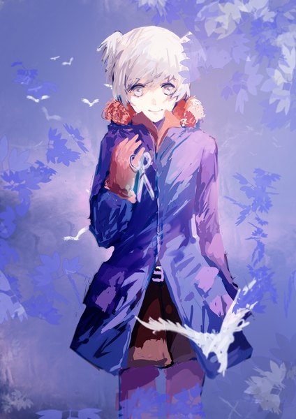 Anime picture 1000x1414 with ansatsu kyoushitsu shiota nagisa hei mao saki single tall image looking at viewer short hair smile silver hair silver eyes boy skirt animal jacket belt bird (birds) scissors