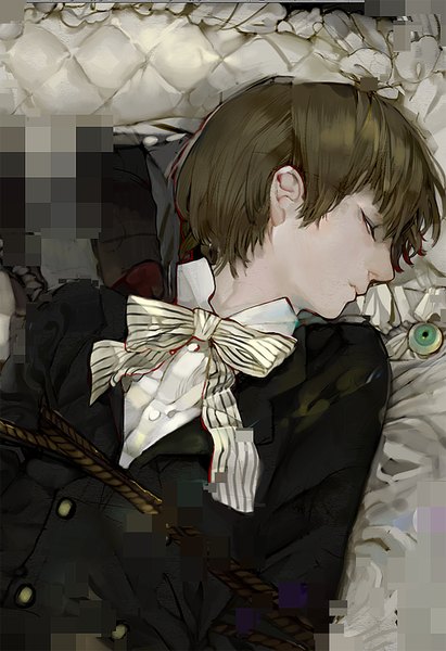 Anime picture 550x802 with original memipong single tall image short hair brown hair lying eyes closed profile censored bondage mosaic censoring boy shirt white shirt buttons rope eye