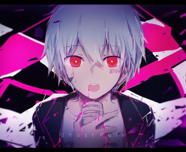 Anime picture 1773x1450 with vocaloid nico nico singer ghost rule (vocaloid) mafumafu peneko single looking at viewer fringe highres short hair open mouth hair between eyes red eyes grey hair text letterboxed english boy microphone barcode