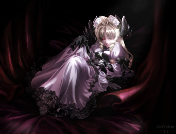 Anime picture 1200x915 with original single long hair blonde hair red eyes hair flower drill hair dark background reclining gothic girl dress hair ornament flower (flowers) bow shoes