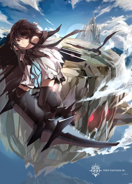 Anime picture 2125x2952 with original pixiv fantasia pixiv fantasia fallen kings paradise (character) swd3e2 tall image looking at viewer highres brown eyes cloud (clouds) flying fantasy logo floating island girl thighhighs dress gloves black thighhighs black gloves