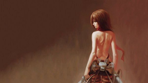 Anime picture 1920x1080 with shingeki no kyojin production i.g mikasa ackerman yinanhuanle single highres short hair light erotic brown hair wide image standing bare shoulders holding brown eyes profile looking back wallpaper back topless dual wielding